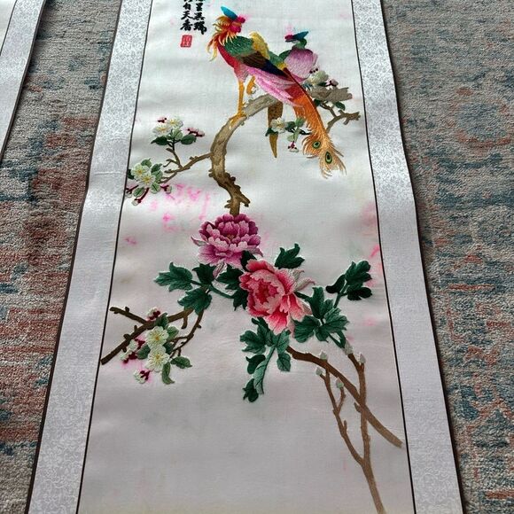 Vintage Chinese Silk Needlepoint Embroidered Tapestry Scroll 4 Panels Art Piece - Picture 8 of 16